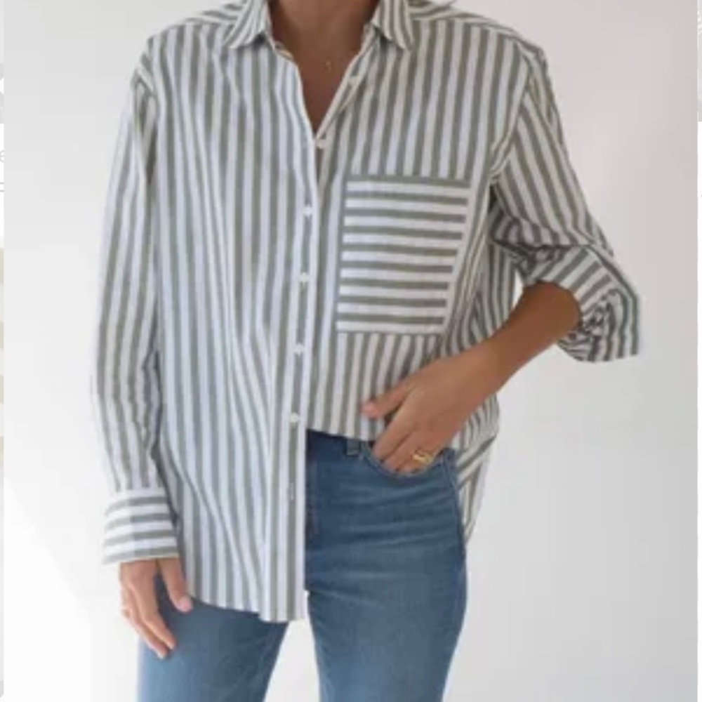 AYR Deep End Oxford Shirt - Olive Stripe M EUC